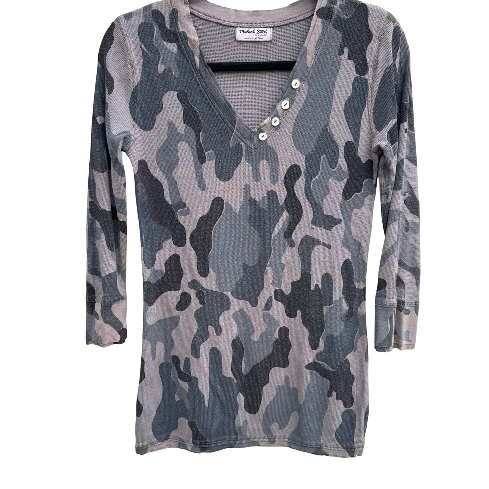 Michael Stars Y2K Grey Camo Waffle Knit Thermal V-Neck Henley Top OS Gorpcore